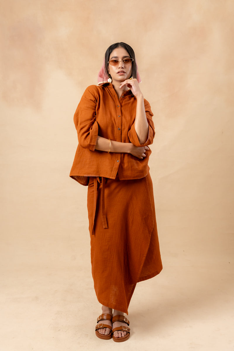 Shirin Organic Cotton Skirt organic cotton gauge by Doodlage in rust color for women in Singapore