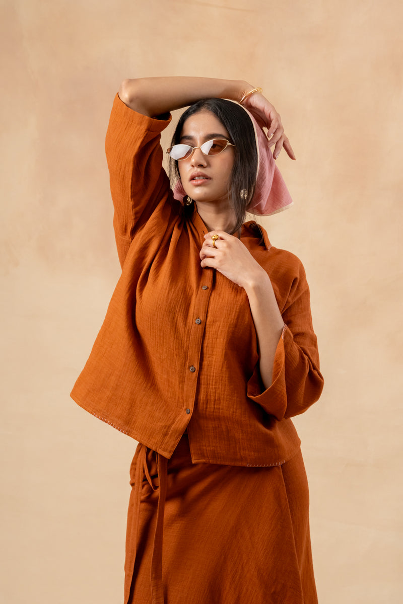 Shirin Organic Cotton Skirt organic cotton gauge by Doodlage in rust color for women in Singapore