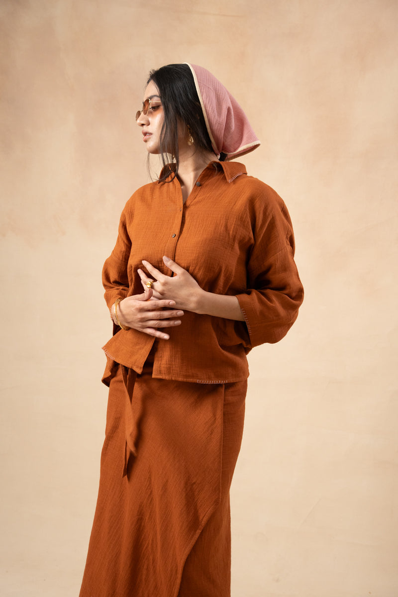 Shirin Organic Cotton Skirt organic cotton gauge by Doodlage in rust color for women in Singapore