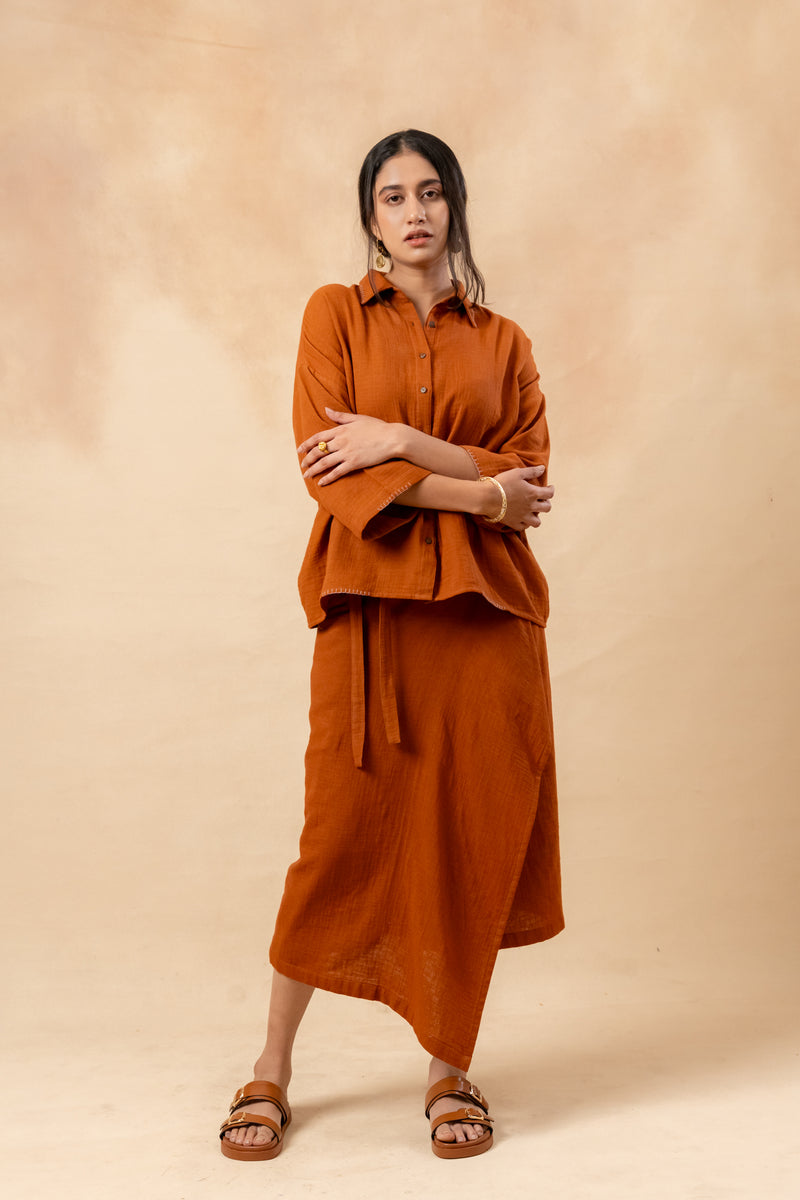 Shirin Organic Cotton Skirt organic cotton gauge by Doodlage in rust color for women in Singapore