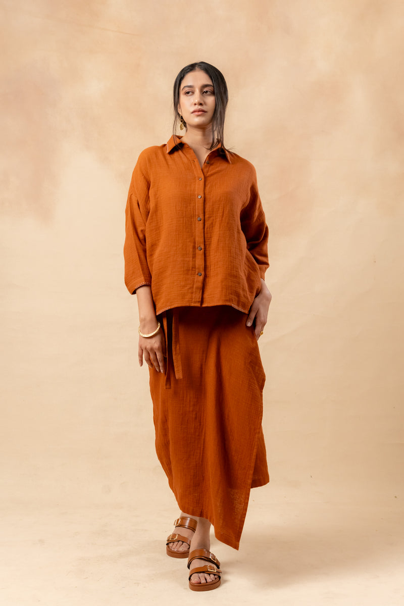 Shirin Organic Cotton Skirt organic cotton gauge by Doodlage in rust color for women in Singapore