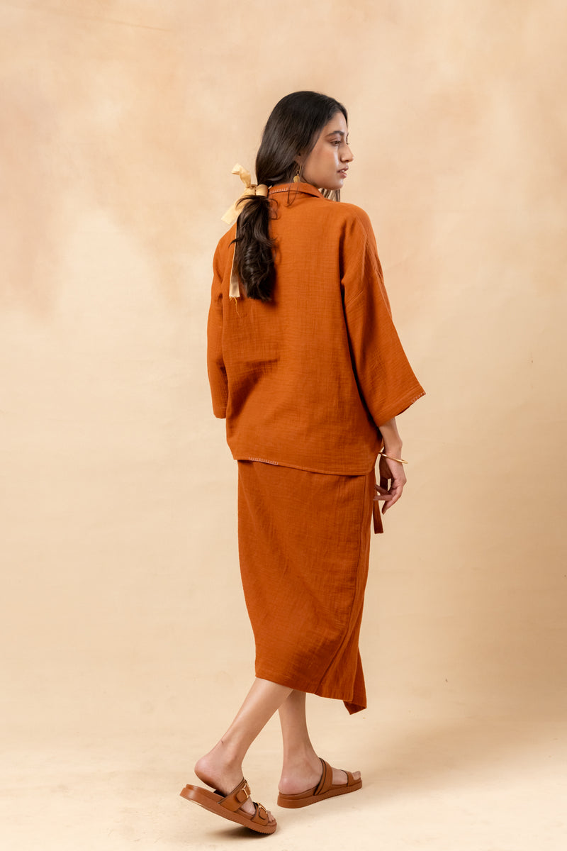 Shirin Organic Cotton Skirt organic cotton gauge by Doodlage in rust color for women in Singapore