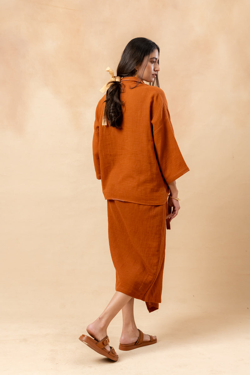 Shirin Organic Cotton Skirt organic cotton gauge by Doodlage in rust color for women in Singapore