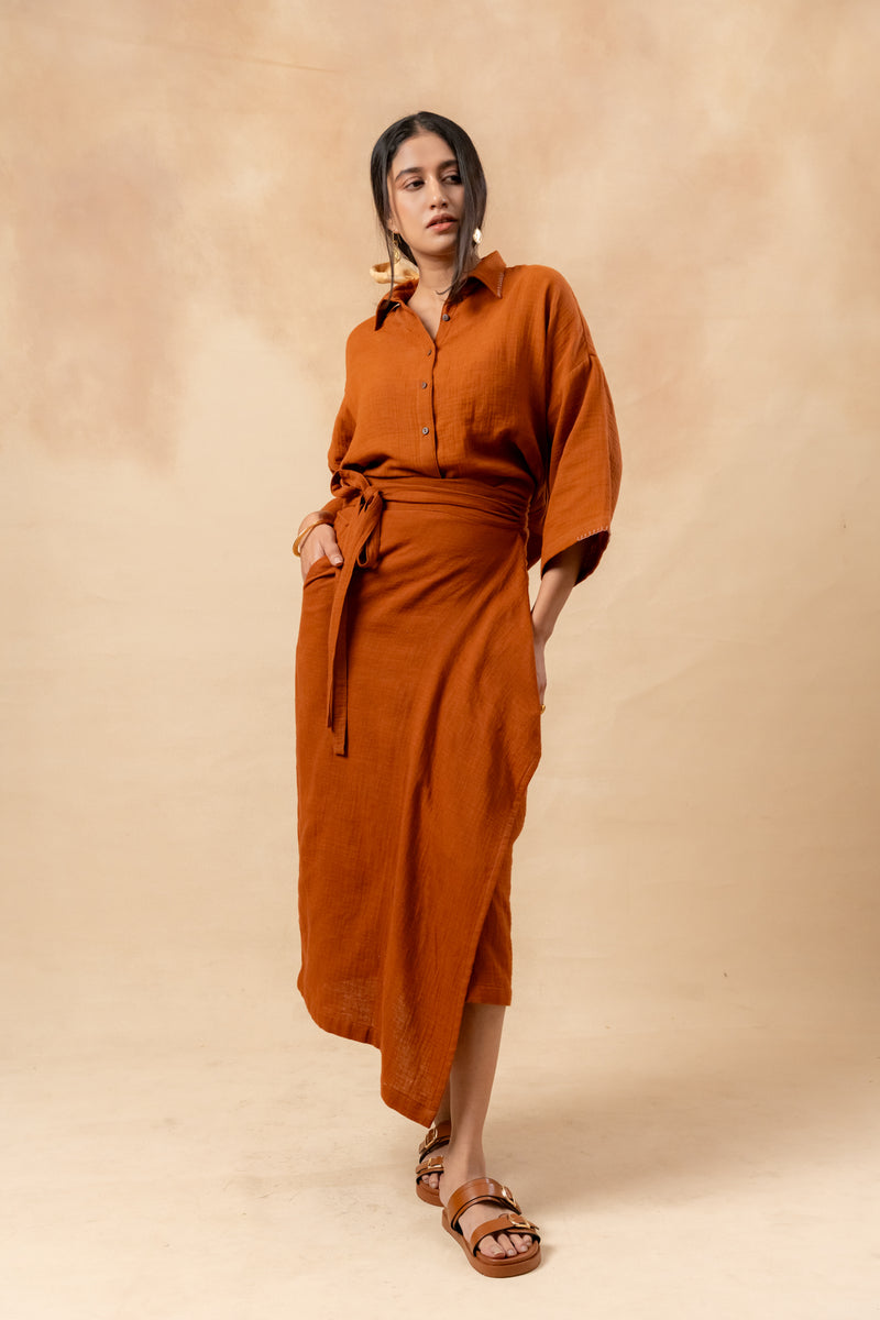 Shirin Organic Cotton Skirt organic cotton gauge by Doodlage in rust color for women in Singapore