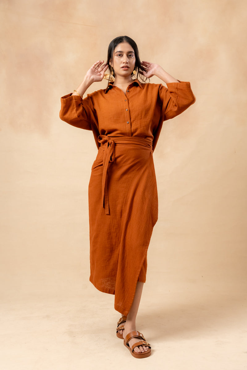 Shirin Organic Cotton Skirt organic cotton gauge by Doodlage in rust color for women in Singapore