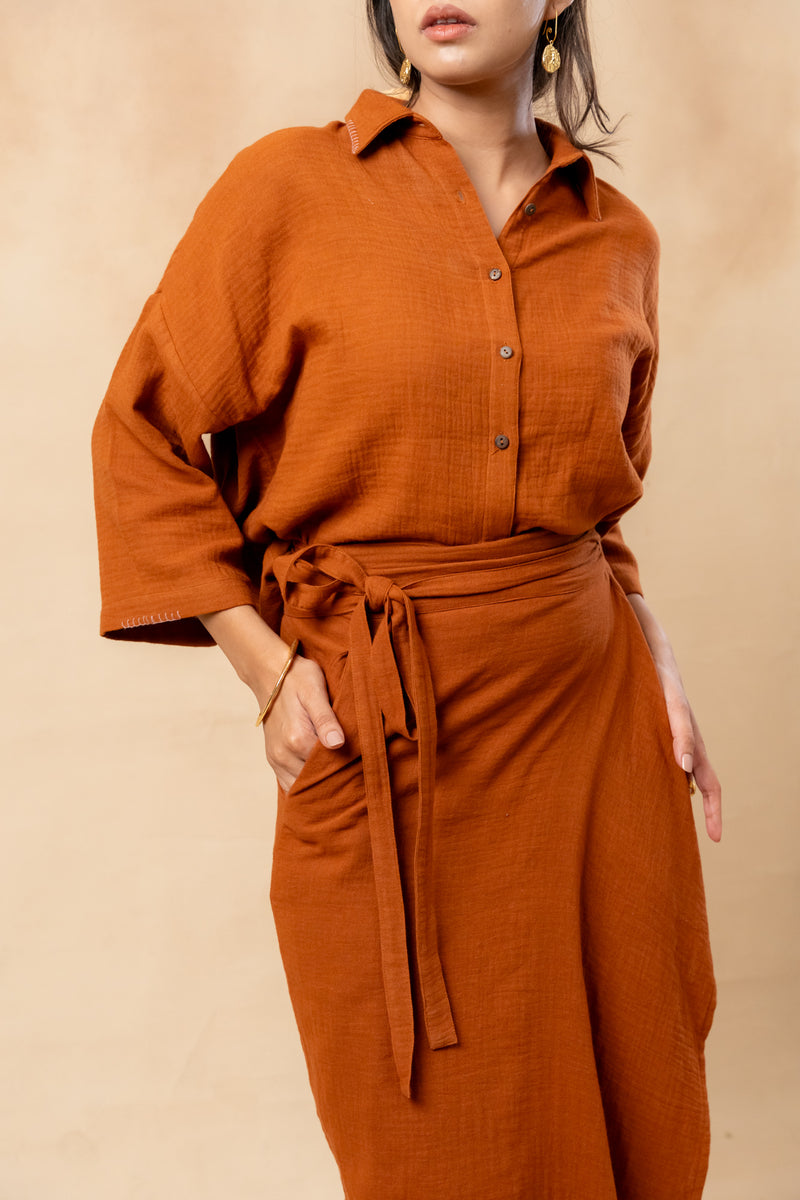 Shirin Organic Cotton Skirt organic cotton gauge by Doodlage in rust color for women in Singapore