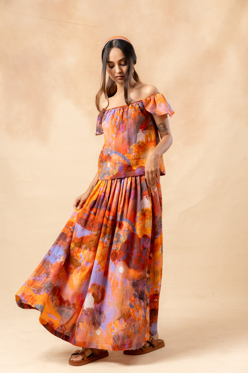 Little Leaf Skirt organic cotton gauge by Doodlage in rust color for women in Singapore