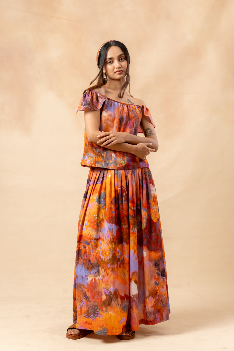 Little Leaf Skirt organic cotton gauge by Doodlage in rust color for women in Singapore