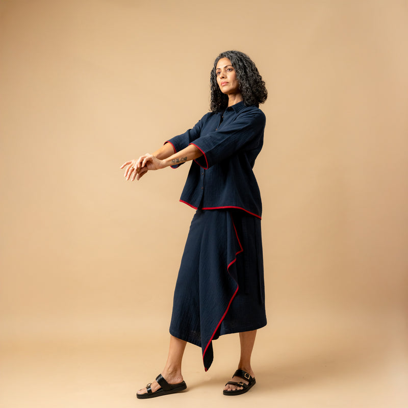 SHIRIN BLUE ORGANIC COTTON SKIRT organic cotton gauge by Doodlage in navy color for women in Singapore