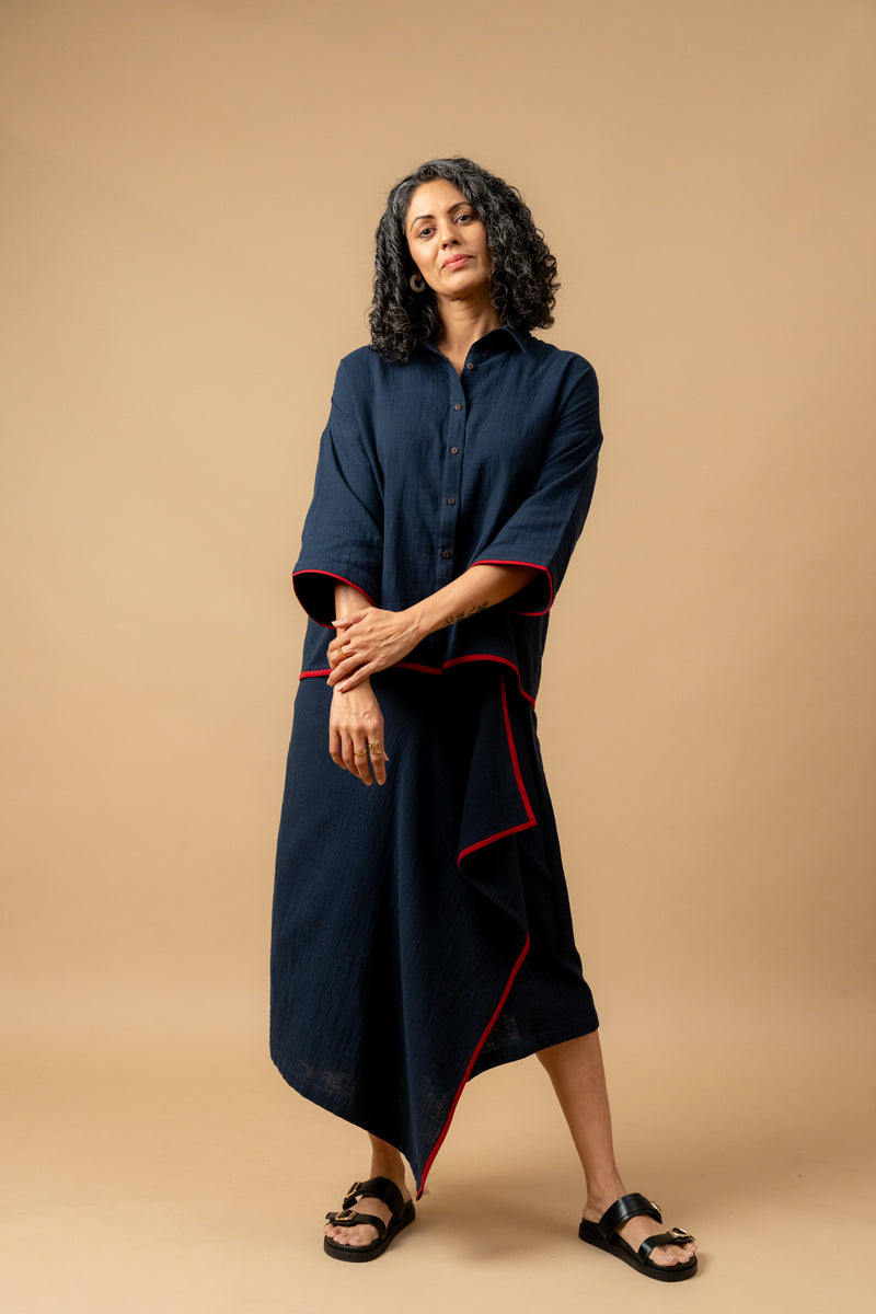 SHIRIN BLUE ORGANIC COTTON SKIRT organic cotton gauge by Doodlage in navy color for women in Singapore
