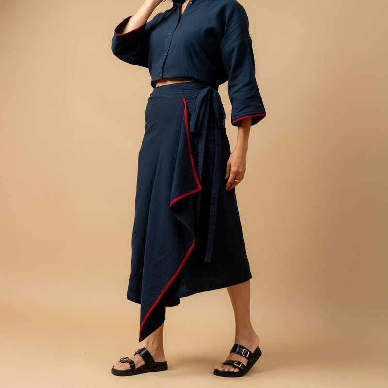 SHIRIN BLUE ORGANIC COTTON SKIRT organic cotton gauge by Doodlage in navy color for women in Singapore