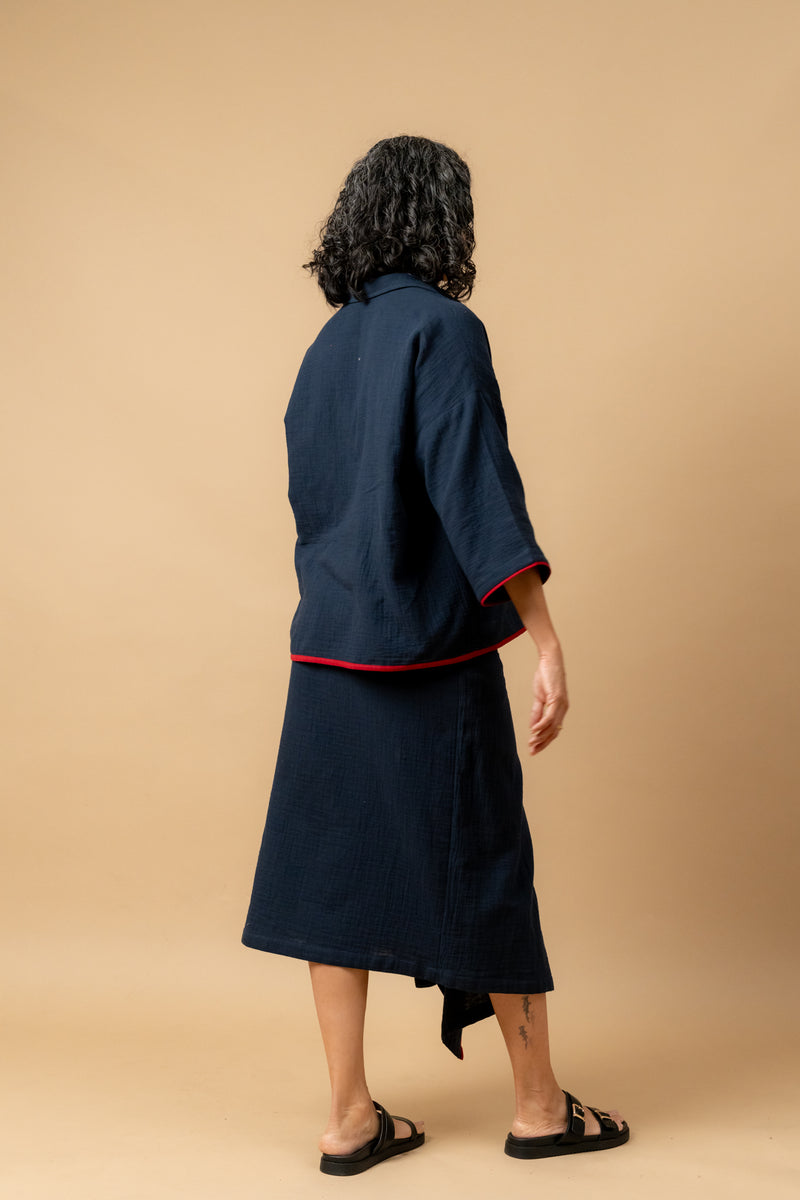 SHIRIN BLUE ORGANIC COTTON SKIRT organic cotton gauge by Doodlage in navy color for women in Singapore