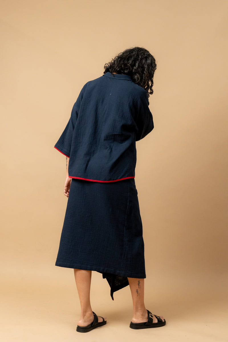 SHIRIN BLUE ORGANIC COTTON SKIRT organic cotton gauge by Doodlage in navy color for women in Singapore