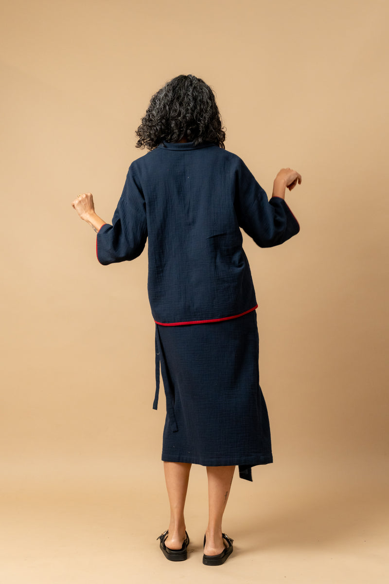 SHIRIN BLUE ORGANIC COTTON SKIRT organic cotton gauge by Doodlage in navy color for women in Singapore