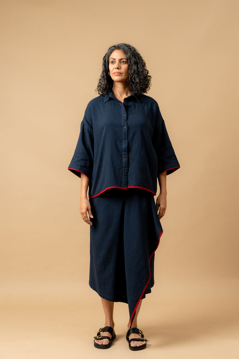 SHIRIN BLUE ORGANIC COTTON SKIRT organic cotton gauge by Doodlage in navy color for women in Singapore