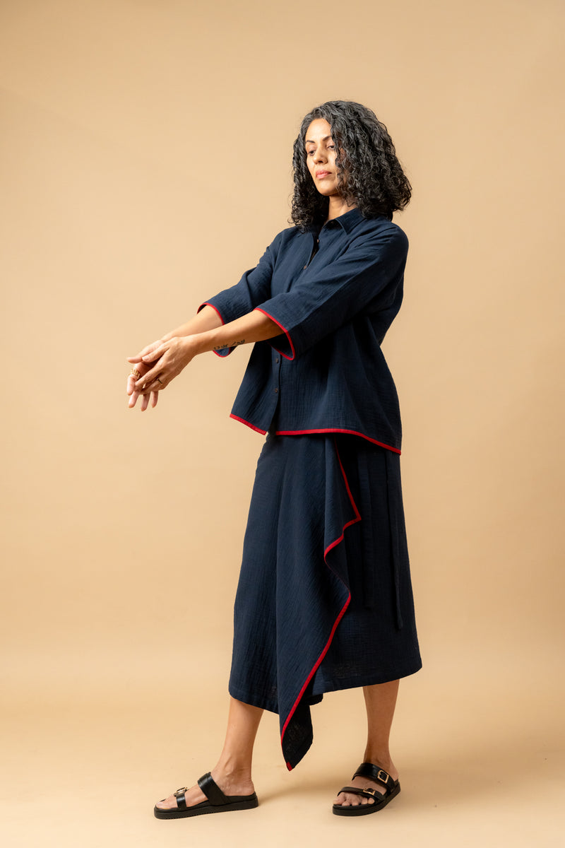 SHIRIN BLUE ORGANIC COTTON SKIRT organic cotton gauge by Doodlage in navy color for women in Singapore