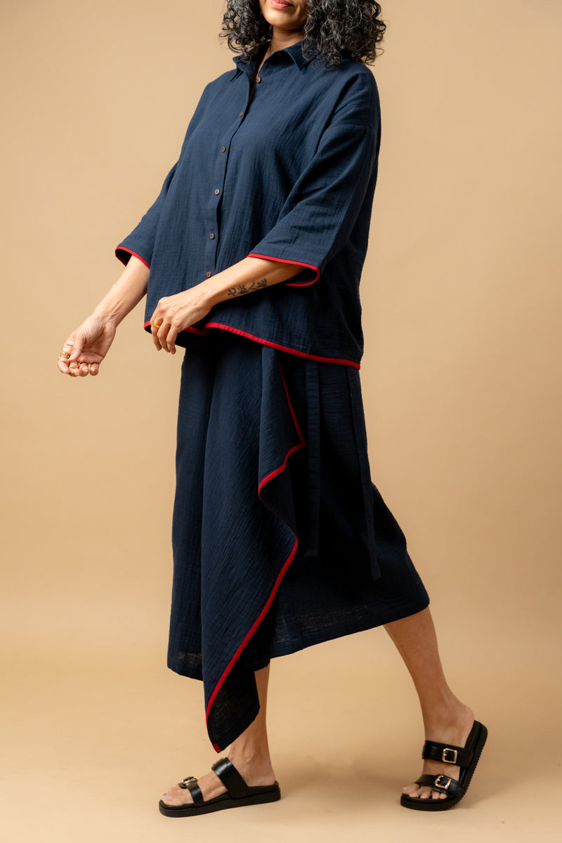 SHIRIN BLUE ORGANIC COTTON SKIRT organic cotton gauge by Doodlage in navy color for women in Singapore