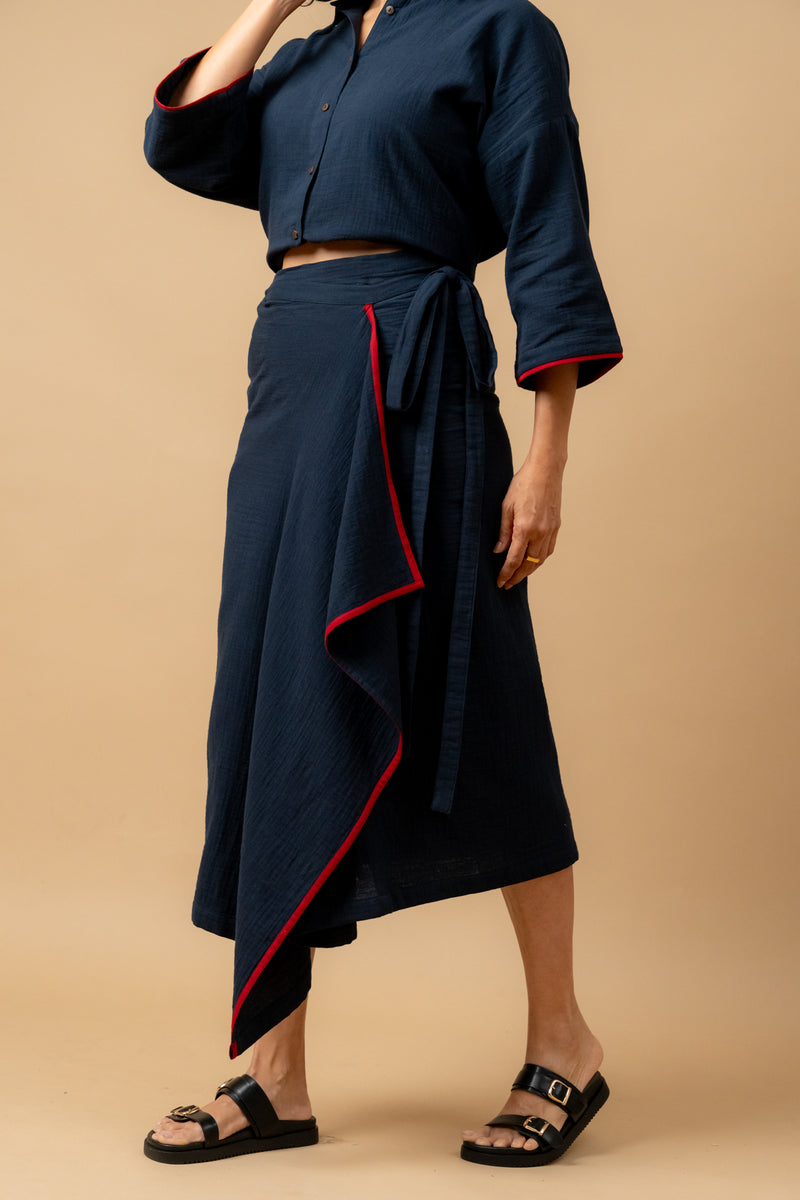 SHIRIN BLUE ORGANIC COTTON SKIRT organic cotton gauge by Doodlage in navy color for women in Singapore