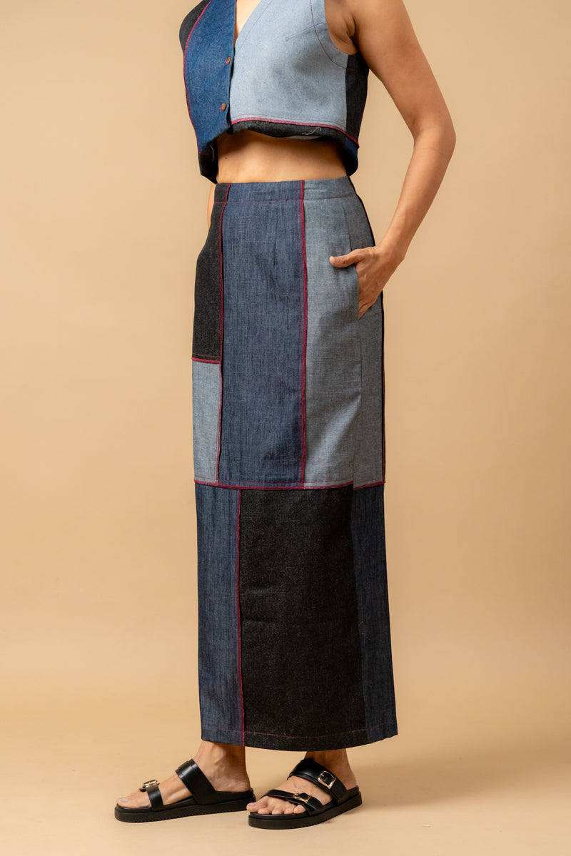Abby denim patch skirt by Doodlage in navy color for women in Singapore