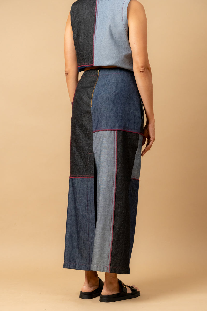 Abby denim patch skirt by Doodlage in navy color for women in Singapore