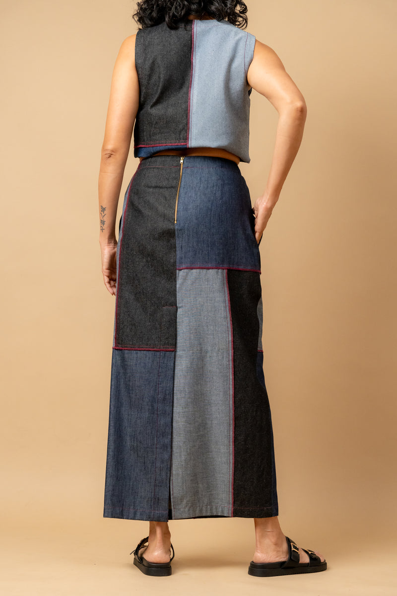 Abby denim patch skirt by Doodlage in navy color for women in Singapore