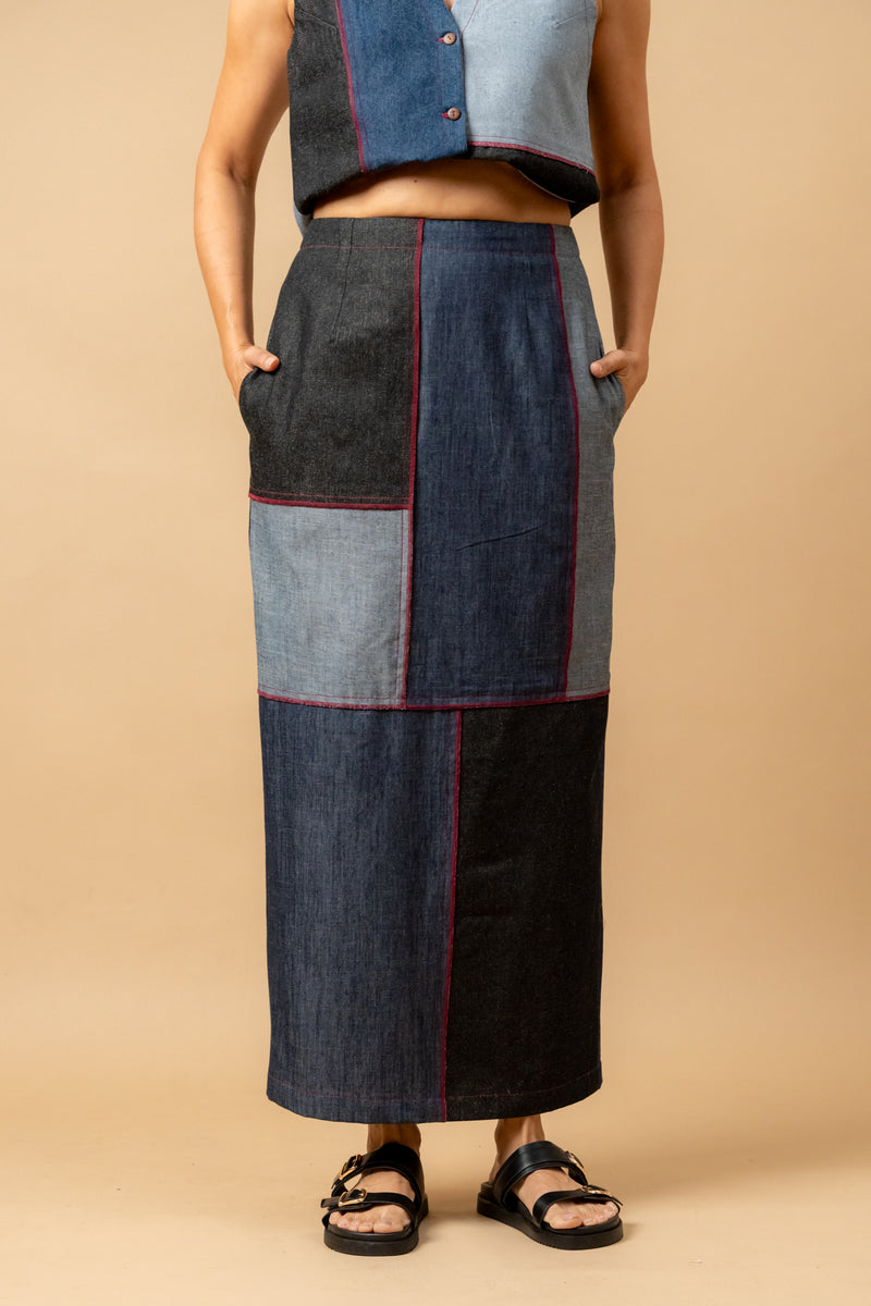 Abby denim patch skirt by Doodlage in navy color for women in Singapore