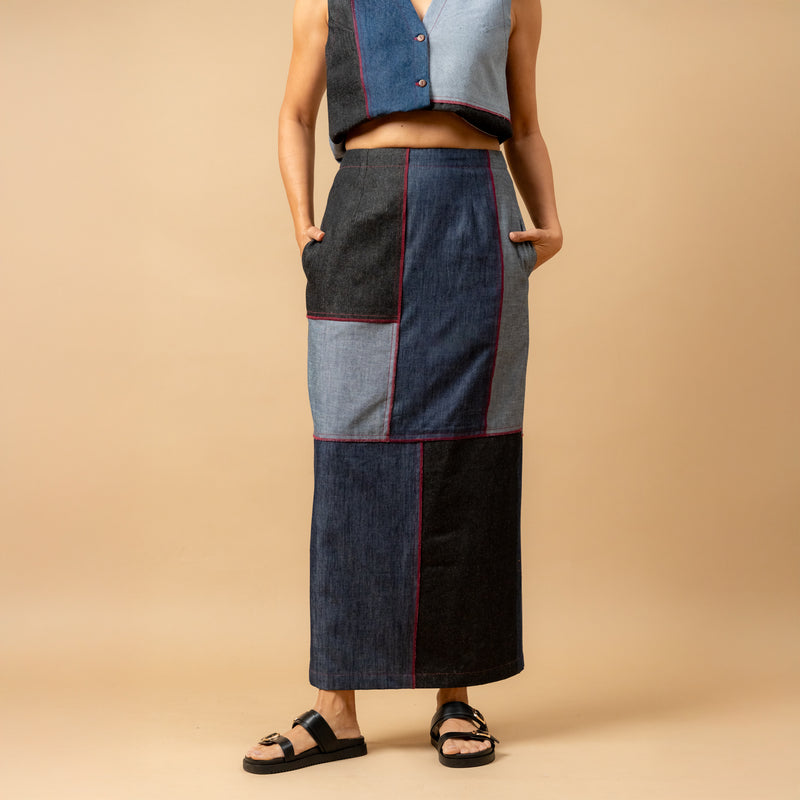 Abby denim patch skirt by Doodlage in navy color for women in Singapore