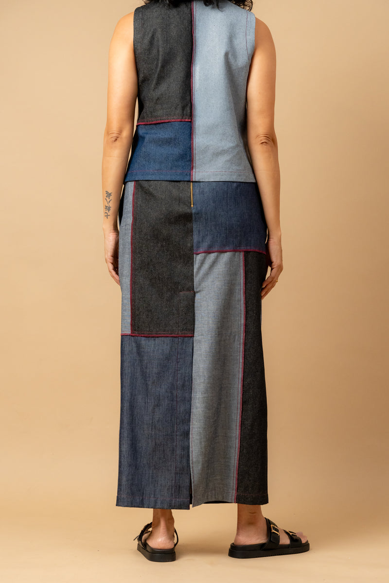 Abby denim patch skirt by Doodlage in navy color for women in Singapore