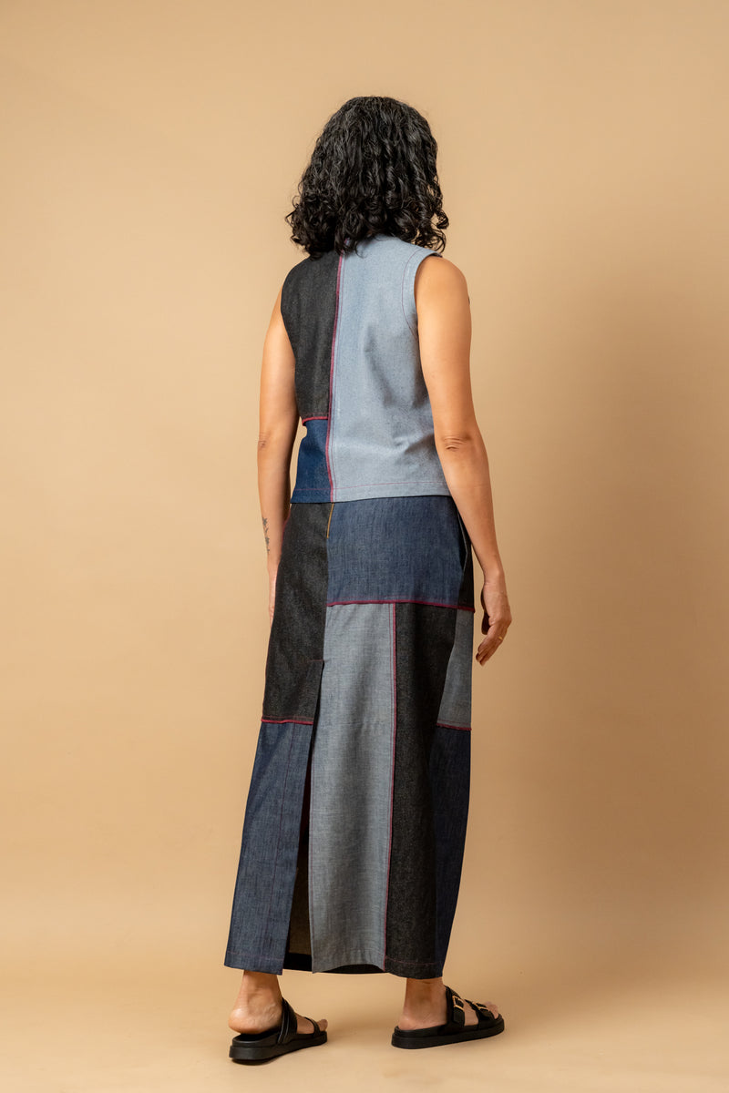 Abby denim patch skirt by Doodlage in navy color for women in Singapore