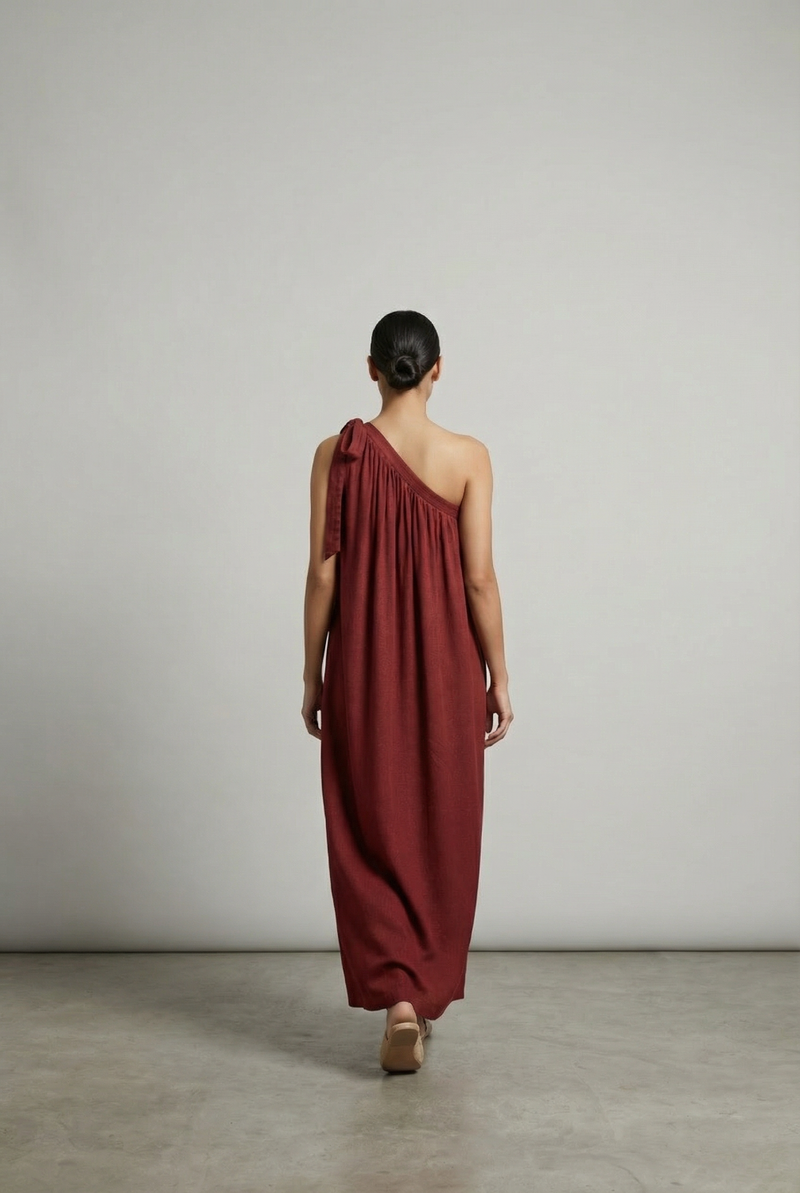 Daryl Maroon Dress bemberg by Doodlage in sand color for women in Singapore