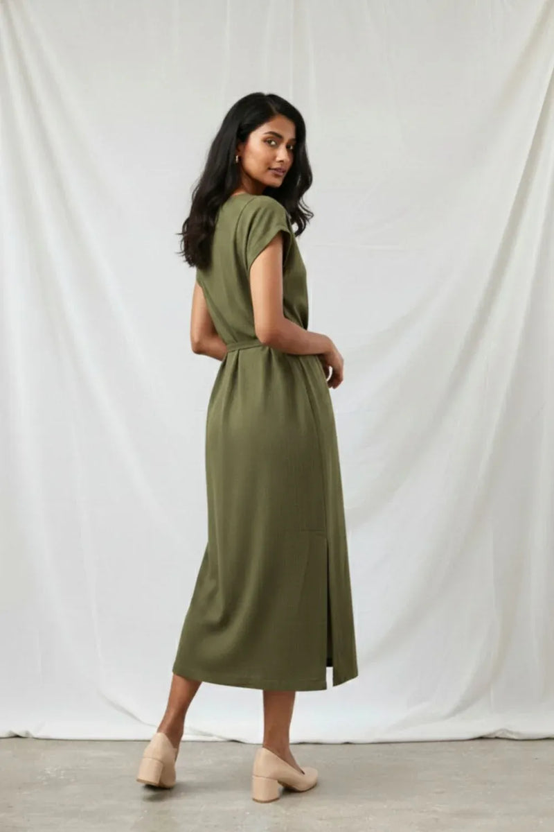 ERNA OLIVE DRESS organic cotton gauge by Doodlage in olive color for women in Singapore