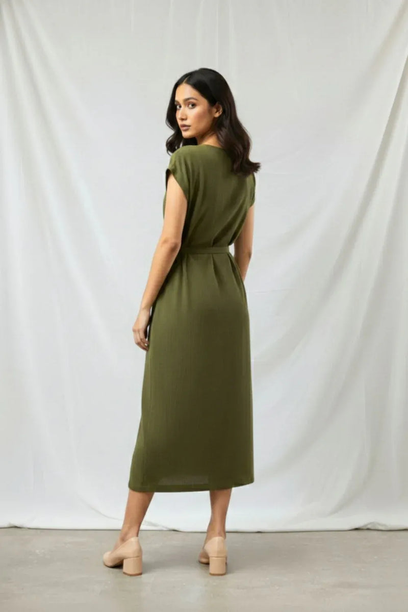 ERNA OLIVE DRESS organic cotton gauge by Doodlage in olive color for women in Singapore