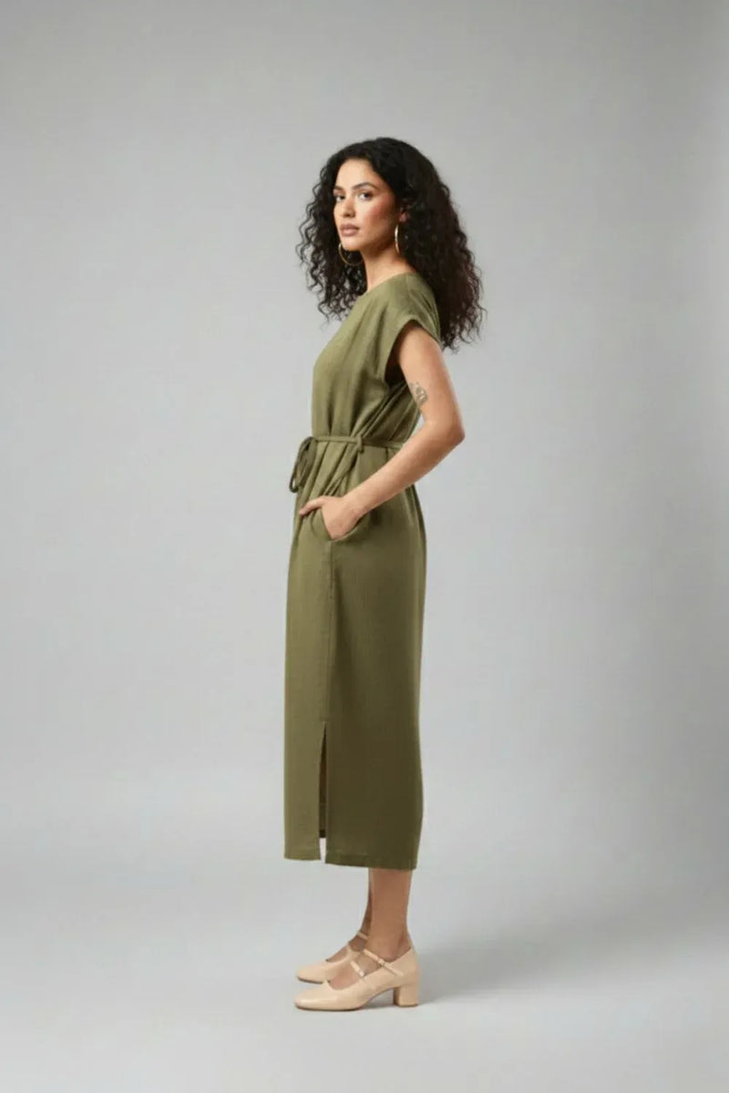 ERNA OLIVE DRESS organic cotton gauge by Doodlage in olive color for women in Singapore