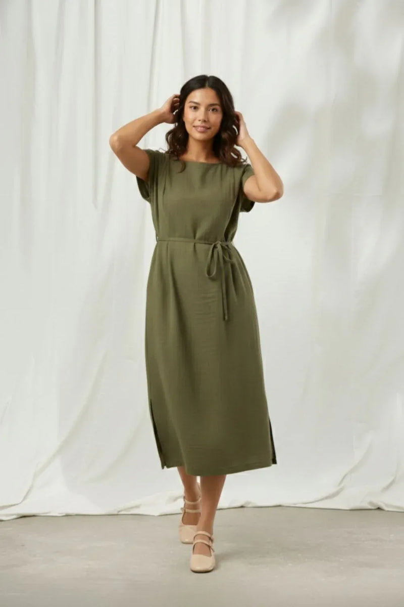 ERNA OLIVE DRESS organic cotton gauge by Doodlage in olive color for women in Singapore