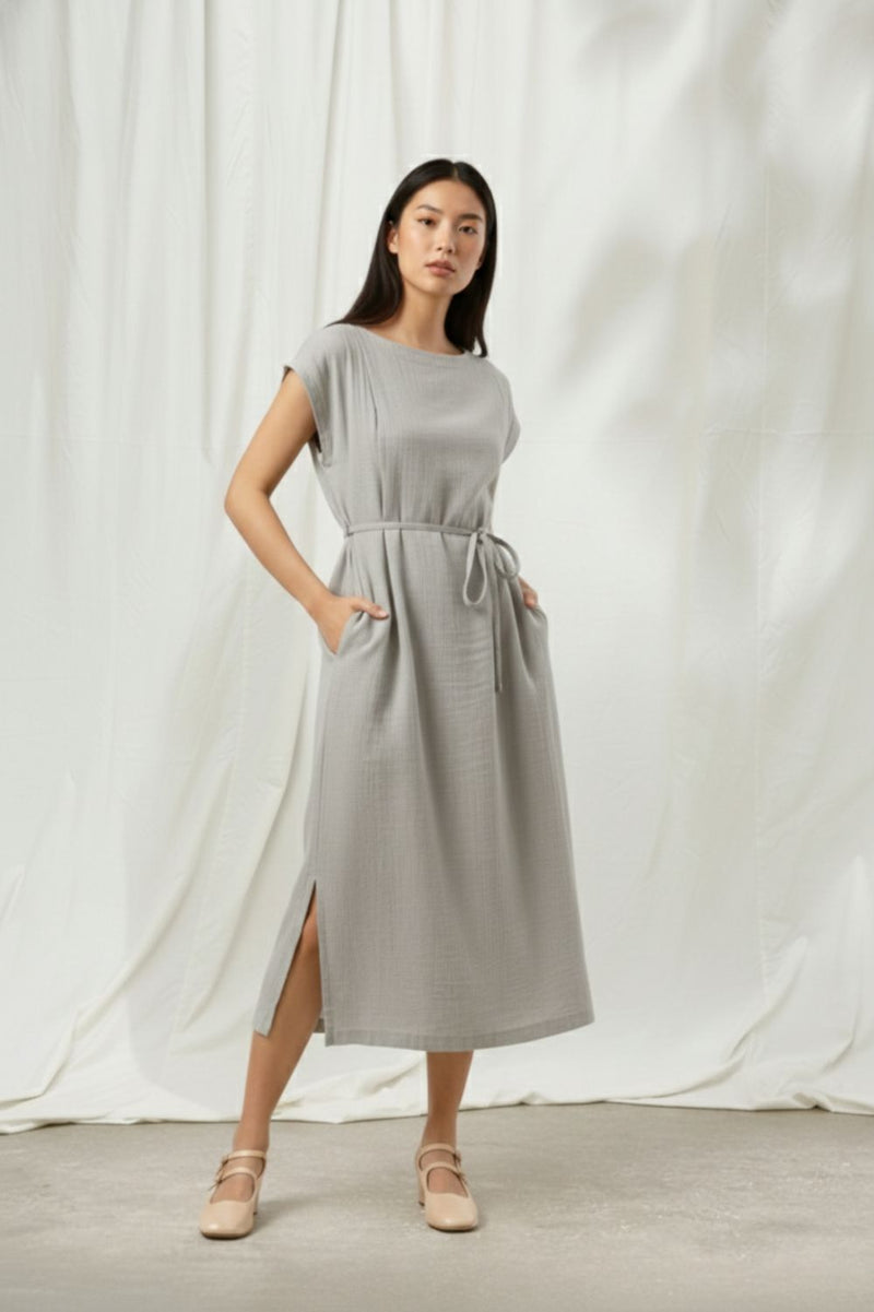 ERNA GREY DRESS organic cotton gauge by Doodlage in grey color for women in Singapore