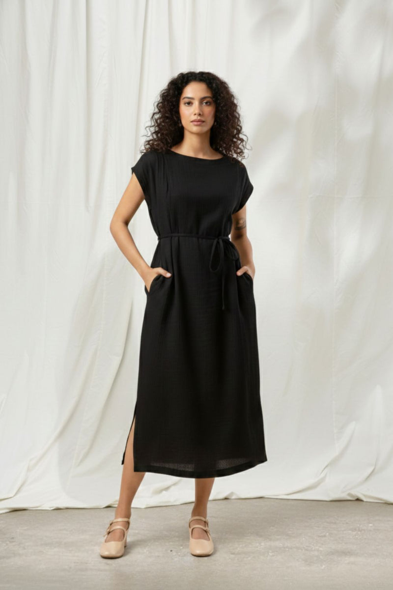 ERNA BLACK DRESS organic cotton gauge by Doodlage in black color for women in Singapore