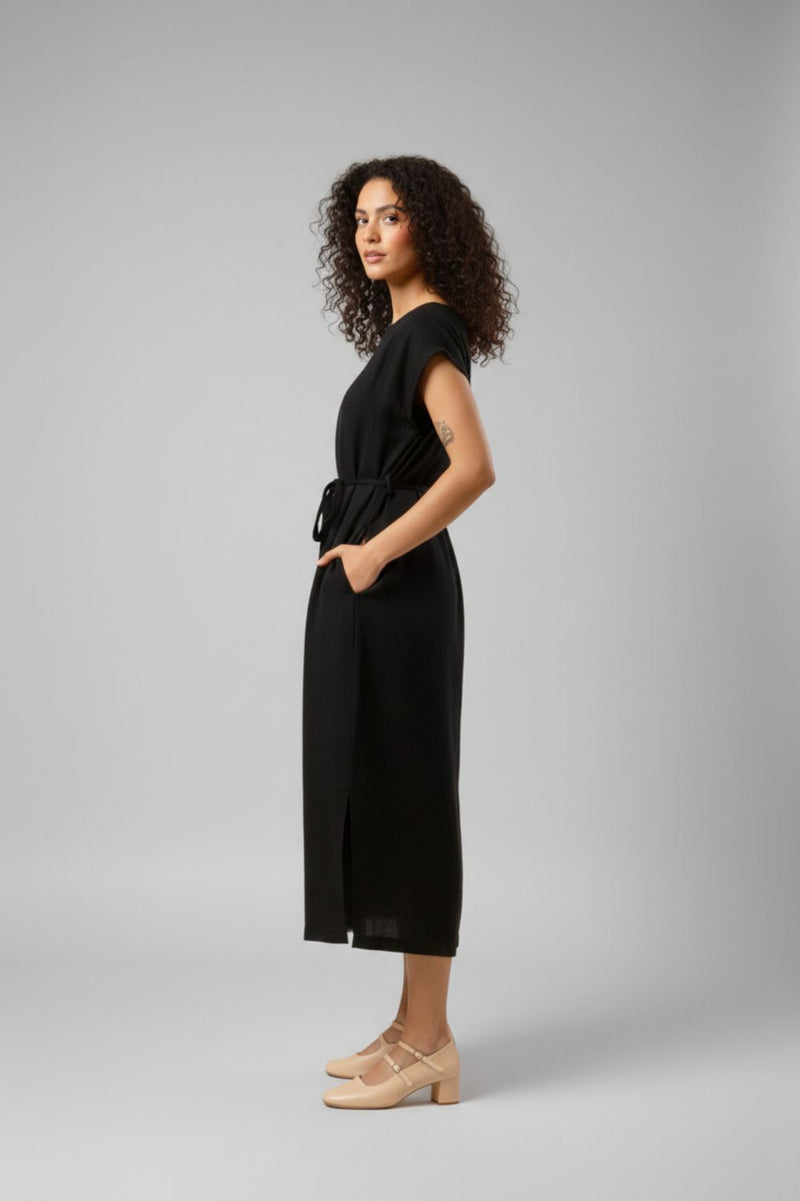 ERNA BLACK DRESS organic cotton gauge by Doodlage in black color for women in Singapore