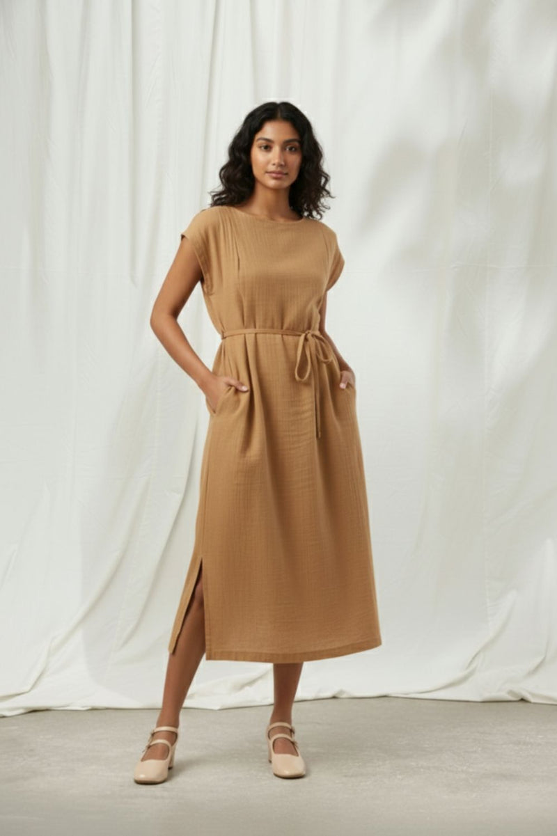 ERNA BEIGE DRESS organic cotton gauge by Doodlage in beige color for women in Singapore
