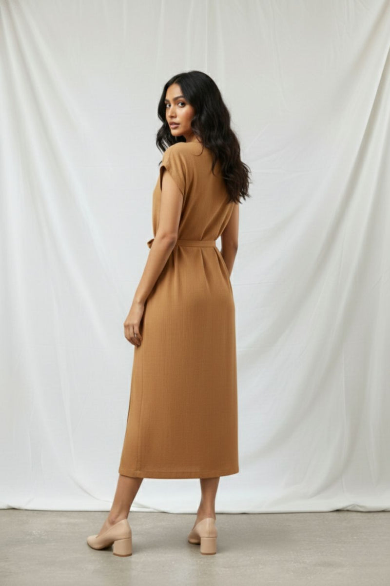 ERNA BEIGE DRESS organic cotton gauge by Doodlage in beige color for women in Singapore
