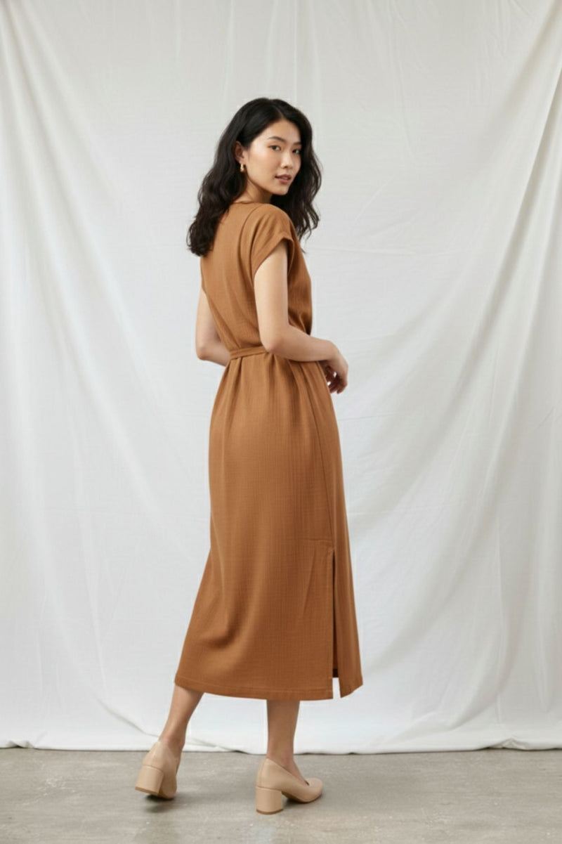 ERNA BEIGE DRESS organic cotton gauge by Doodlage in beige color for women in Singapore