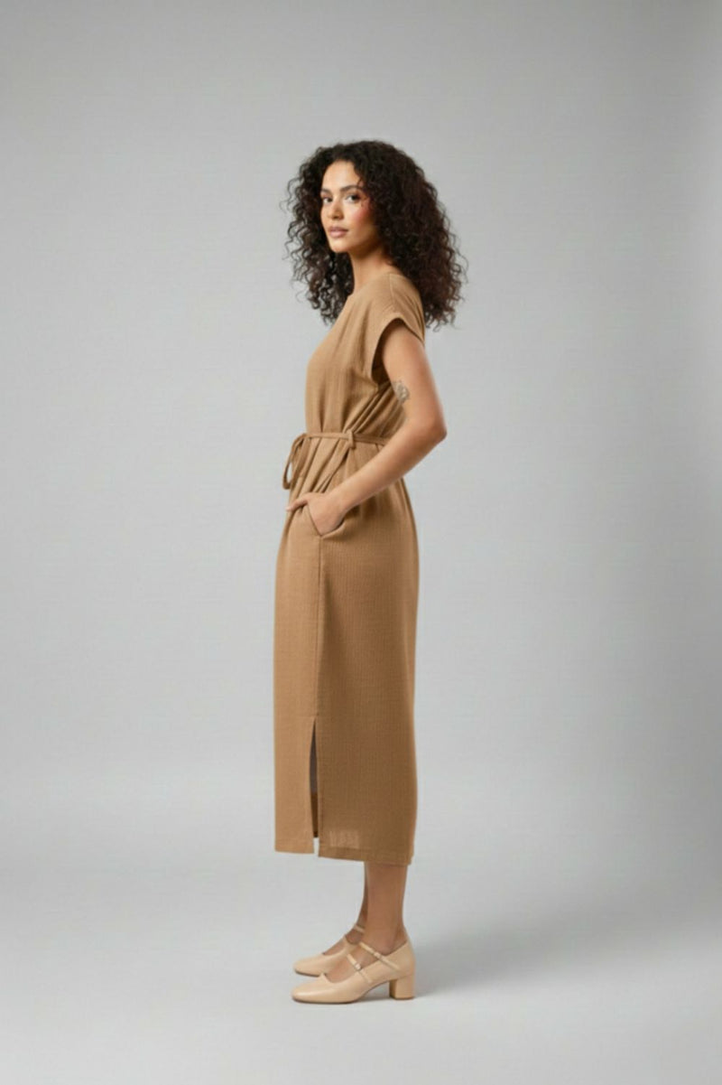 ERNA BEIGE DRESS organic cotton gauge by Doodlage in beige color for women in Singapore