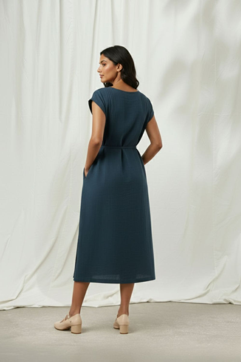 ERNA MIDNIGHT BLUE DRESS organic cotton gauge by Doodlage in blue color for women in Singapore