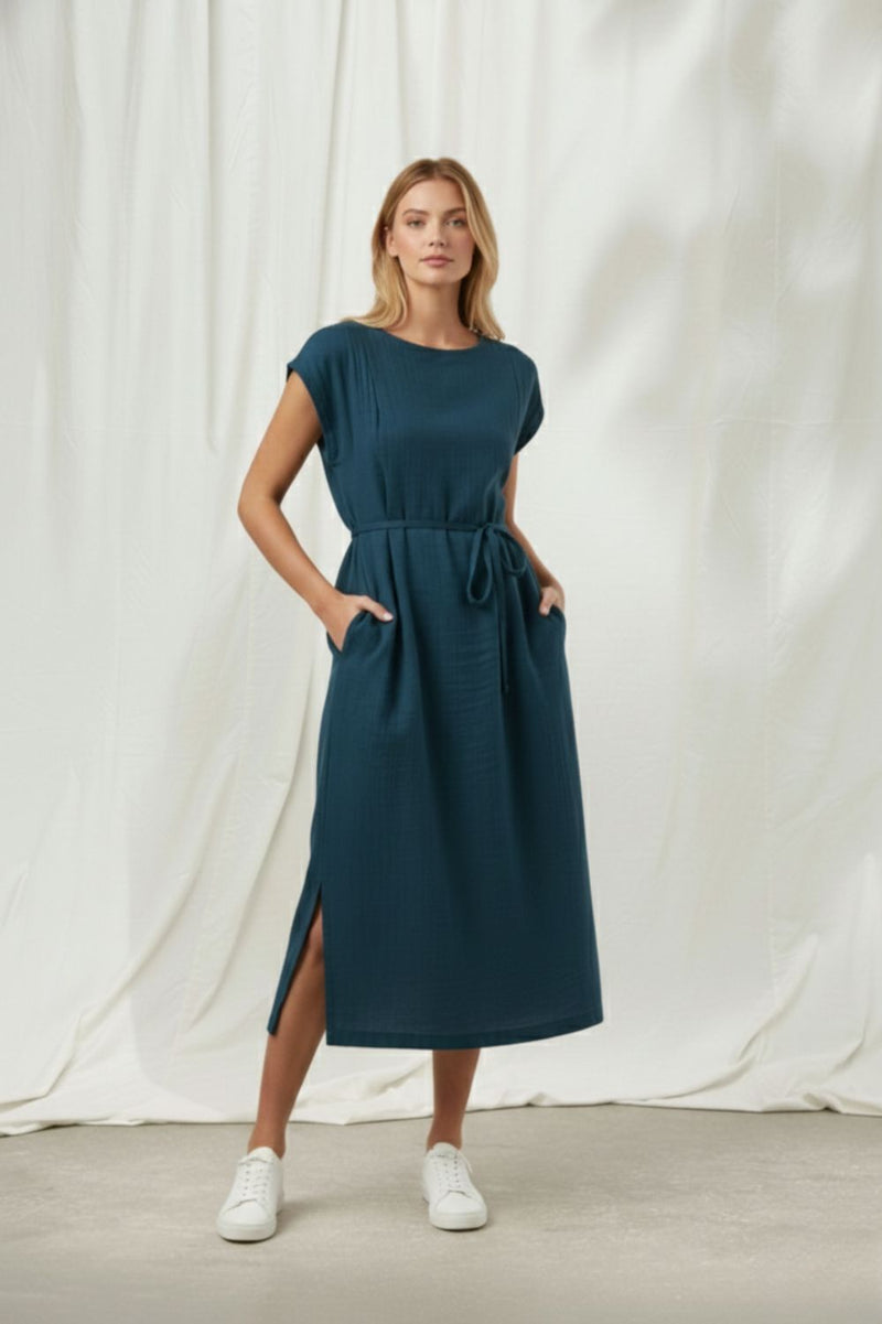 ERNA MIDNIGHT BLUE DRESS organic cotton gauge by Doodlage in blue color for women in Singapore