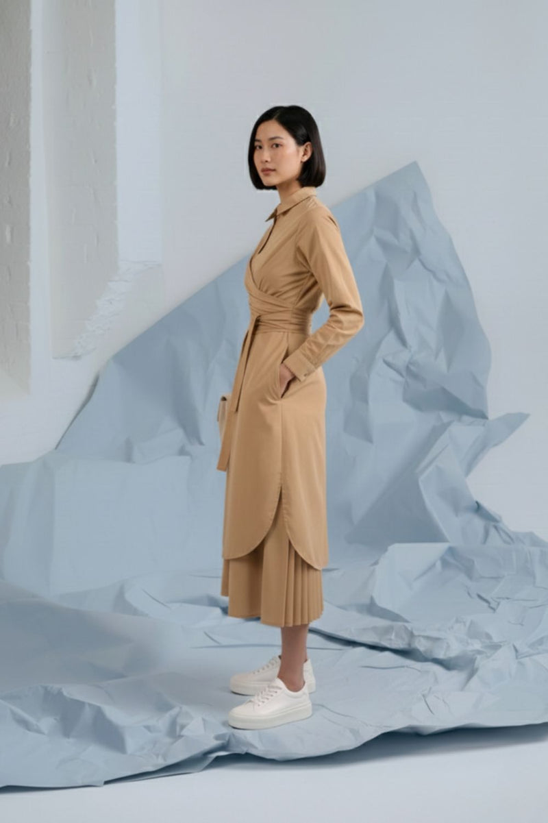 THEA BEIGE SHIRT DRESS poplin by Doodlage in beige color for women in Singapore