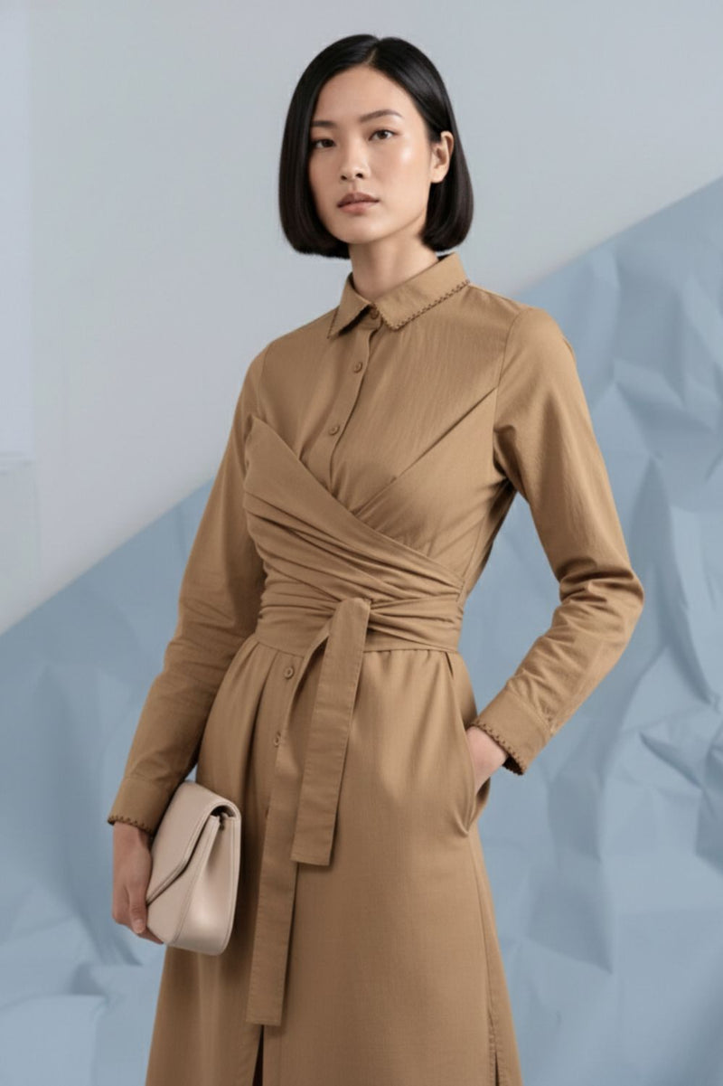 THEA BEIGE SHIRT DRESS poplin by Doodlage in beige color for women in Singapore