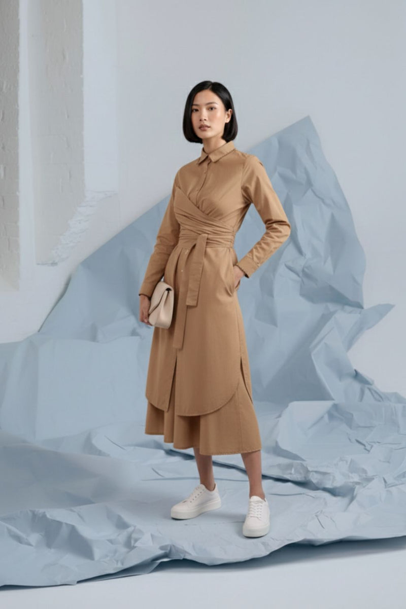 THEA BEIGE SHIRT DRESS poplin by Doodlage in beige color for women in Singapore