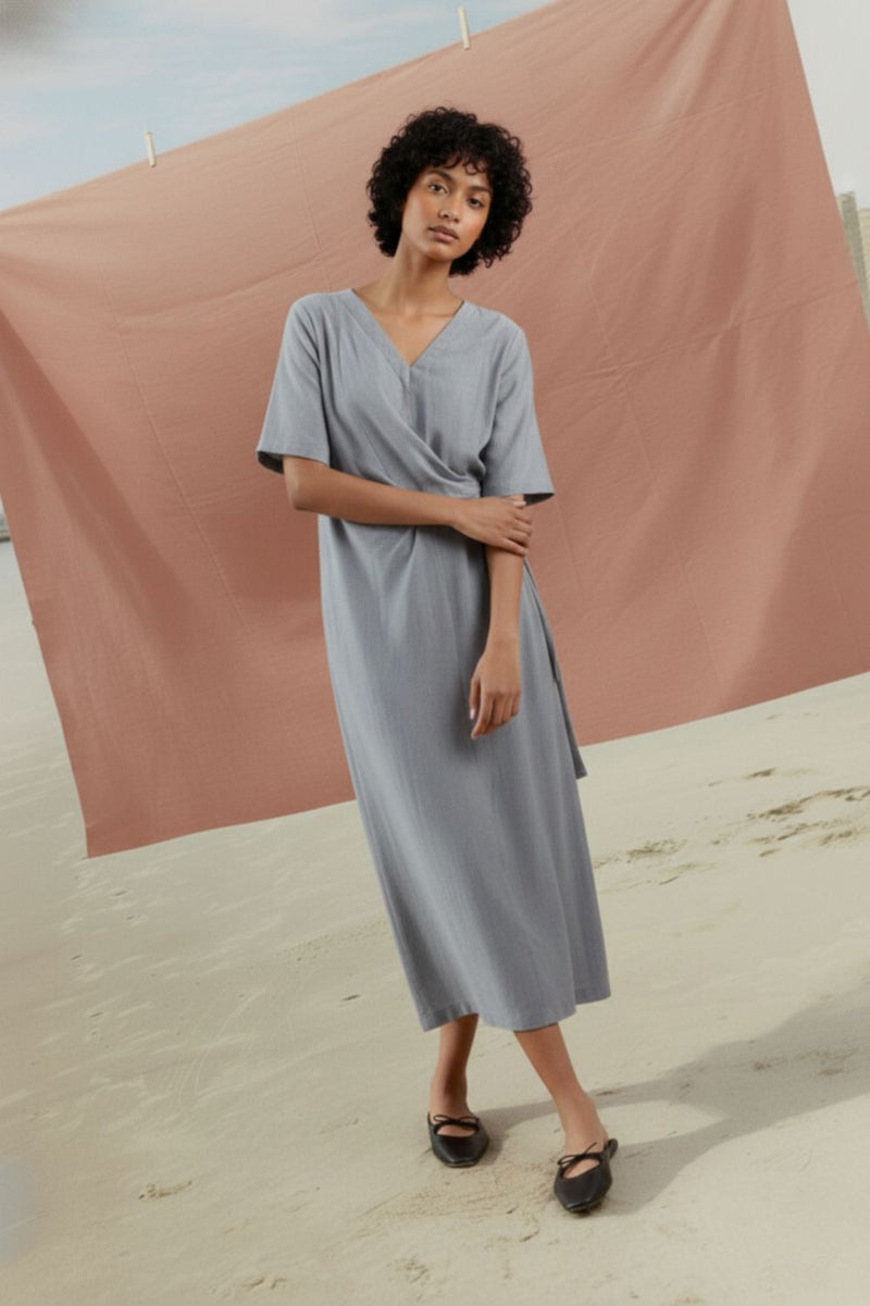 EDEN PALE BLUE DRESS bemberg linen geogette by Doodlage in blue color for women in Singapore