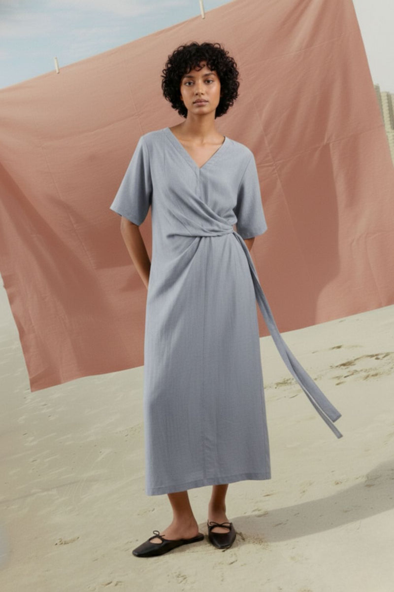 EDEN PALE BLUE DRESS bemberg linen geogette by Doodlage in blue color for women in Singapore