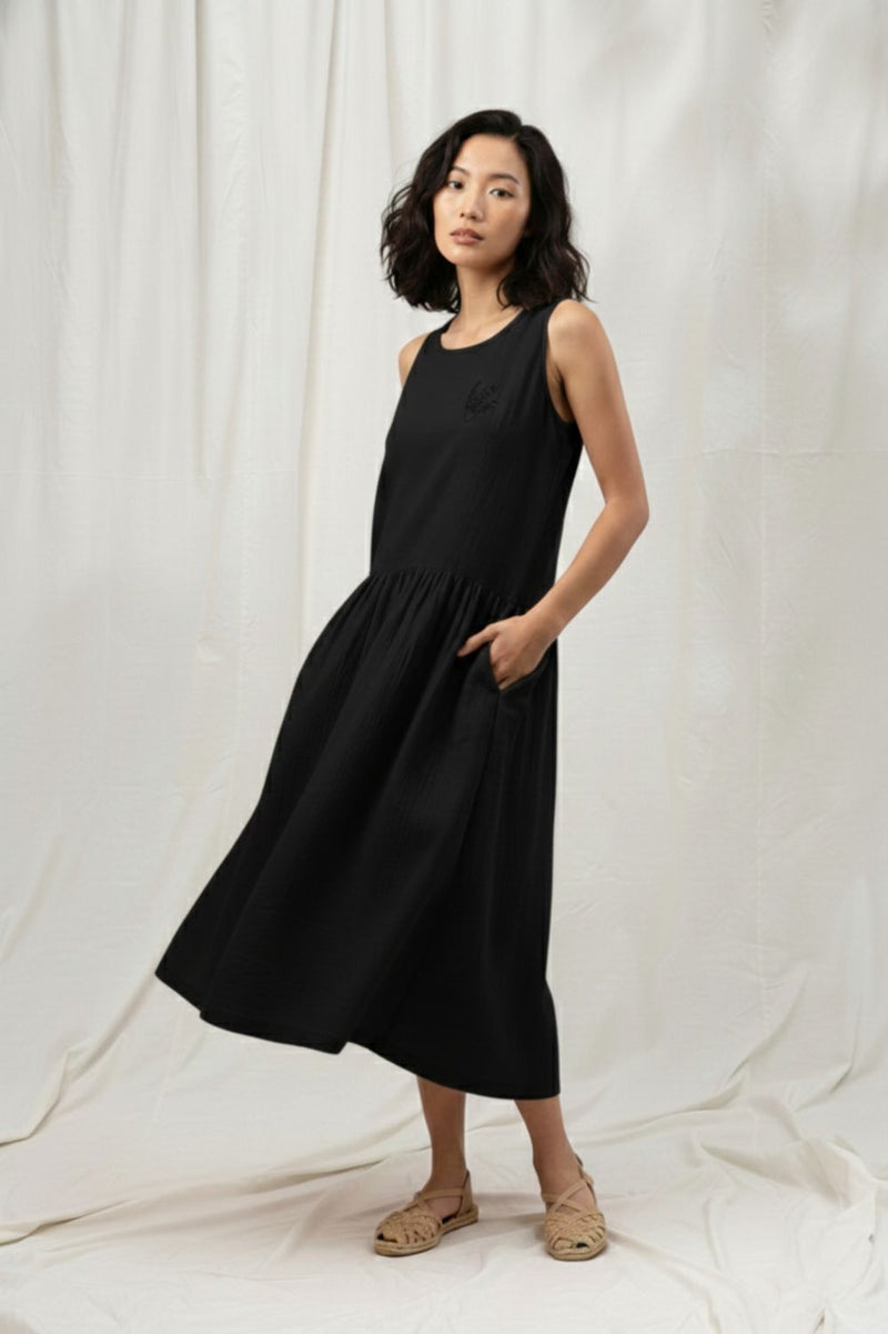 SUSAN BLACK DRESS organic cotton gauge by Doodlage in black color for women in Singapore
