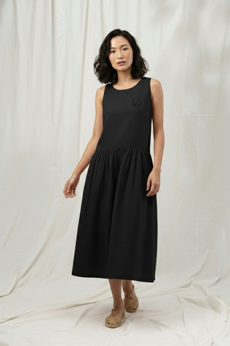 SUSAN BLACK DRESS organic cotton gauge by Doodlage in black color for women in Singapore